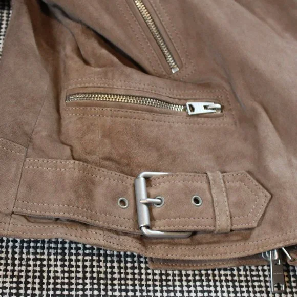 All Saints soft goat leather suede light drown stand collar jacket US-6/S UK-10